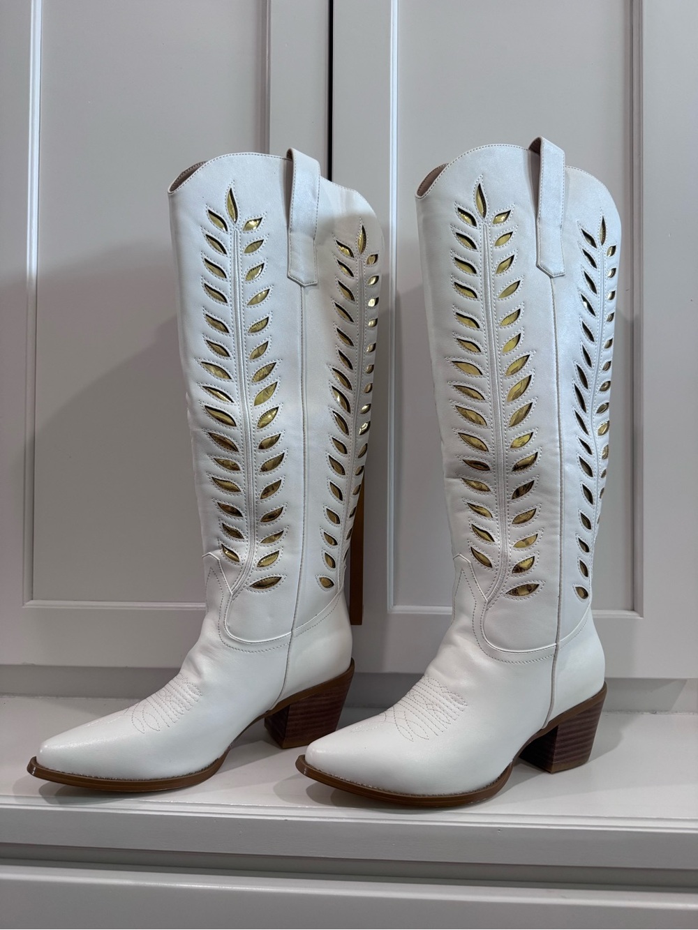 White Women's Cutout Western Knee-High Boots